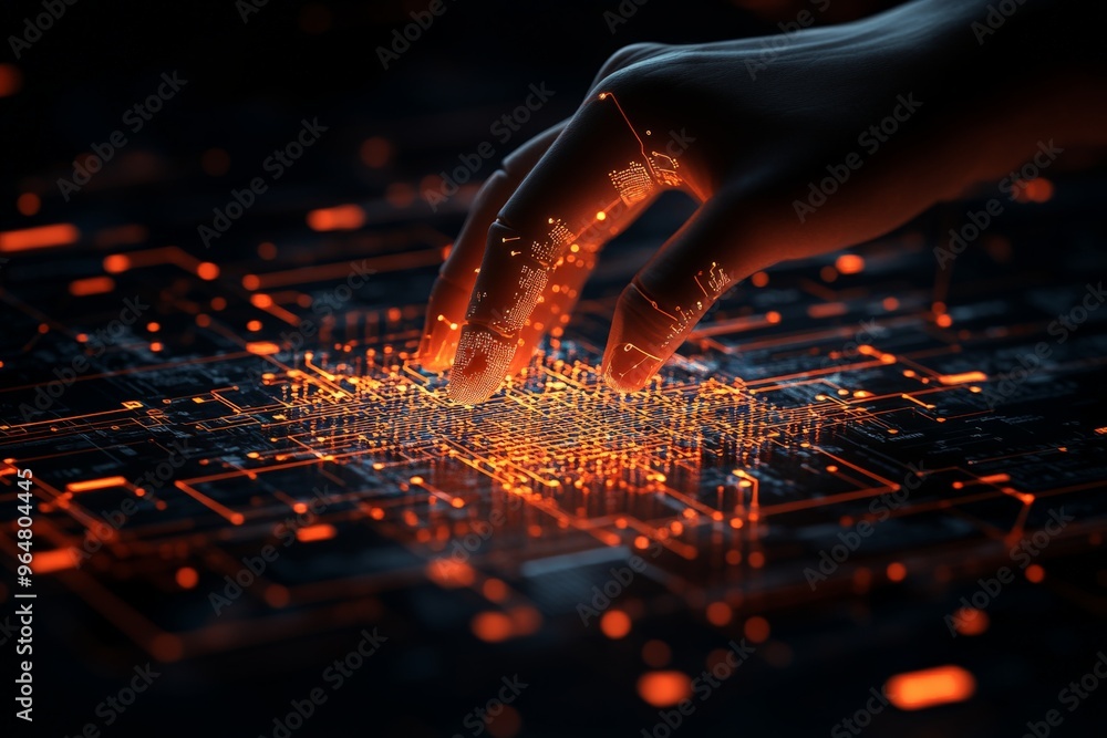 Poster a hand hovering over a glowing digital circuit board, illustrating interaction with high-tech system
