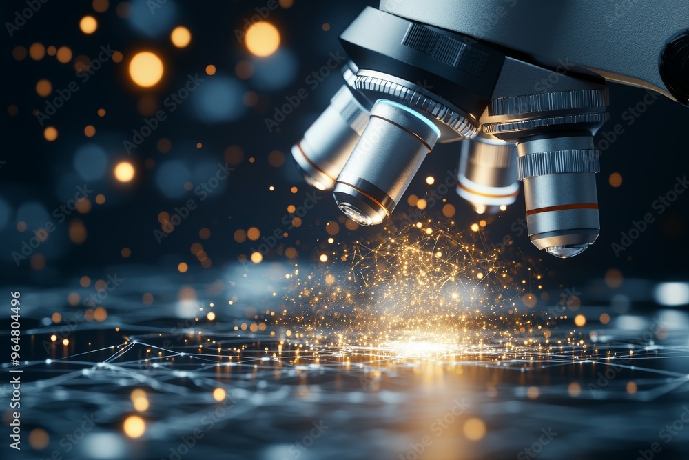 Poster a scientific close-up of a microscope focusing on glowing nano particles, symbolizing the cutting-ed