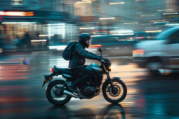 A motorcyclist rides swiftly along slick city streets, illuminated by traffic lights and reflecting rain while navigating the evening rush hour.