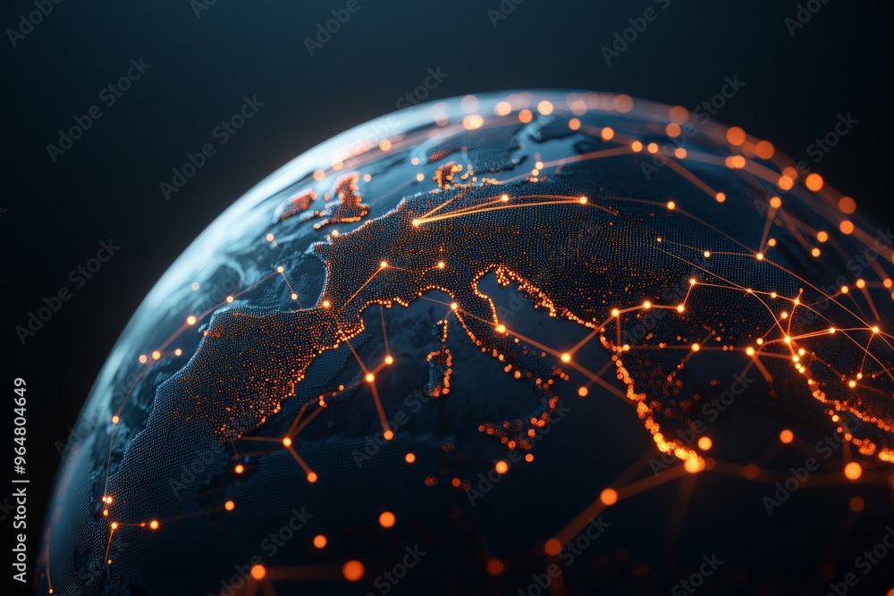 Poster this image showcases a digital globe with a web of illuminated network connections, symbolizing glob