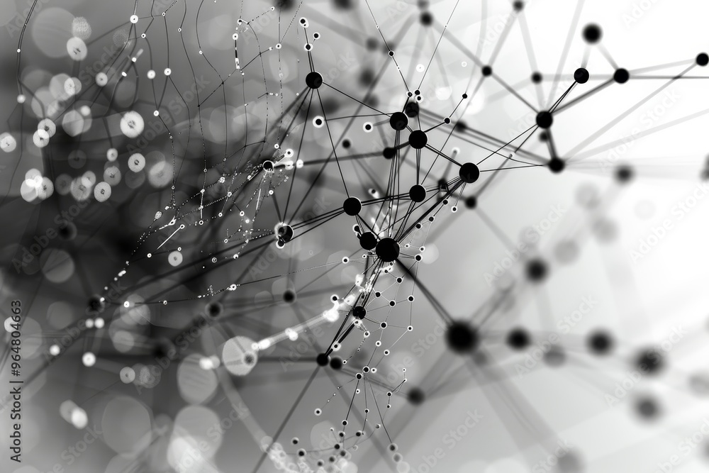 Poster a complex design showcases interconnecting nodes and lines in black and white, symbolizing digital n