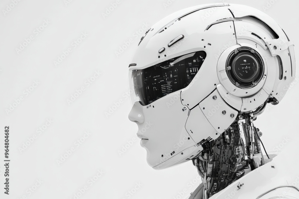 Poster a close-up view of a futuristic white robot head displaying intricate circuitry and a sleek design, 