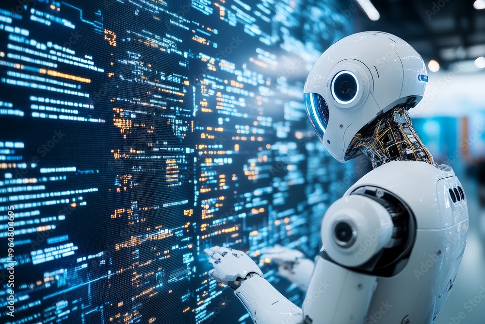 Poster a white robot engages with digital data displayed on a vibrant screen, representing advanced technol