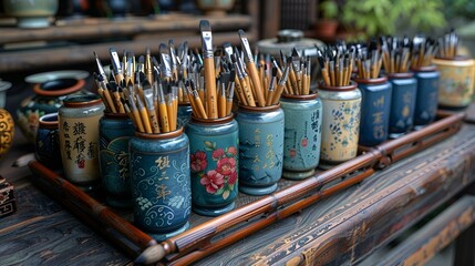 a group of paint brushes in a container. 