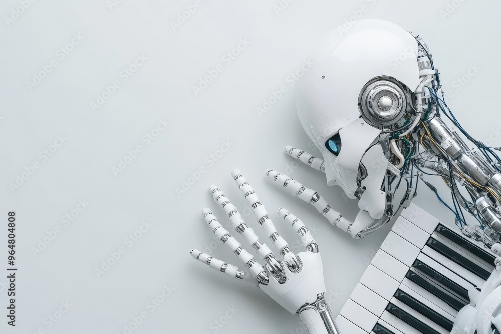 Poster An image of a robot examining a piano keyboard, symbolizing the intersection of technology and music, evoking thoughts on the future relationship between robots and arts.