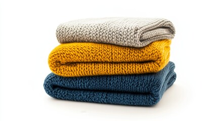 Stack pile of folded wooley knit cloth isolated on white background 