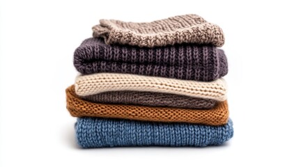 Stack pile of folded wooley knit cloth isolated on white background 