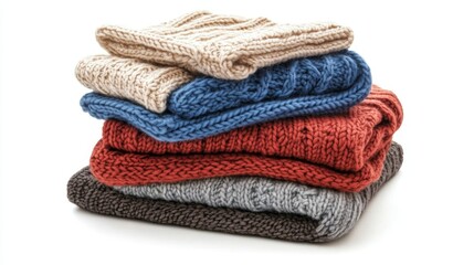 Stack pile of folded wooley knit cloth isolated on white background 