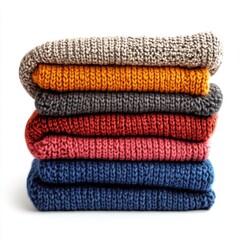 Stack pile of folded wooley knit cloth isolated on white background 