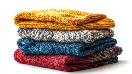 Stack pile of folded wooley knit cloth isolated on white background 