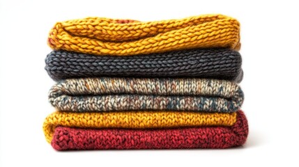 Stack pile of folded wooley knit cloth isolated on white background 