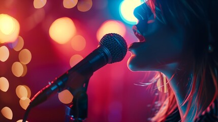 Obraz premium Girl singing into a microphone. Light effects in the background create a bright and dynamic atmosphere. The background is blurred, with large bokeh circles illuminated with bright colors.