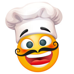 Emoji chef on white background. Emoticon with chef hat and mustache. Cute emoticon.