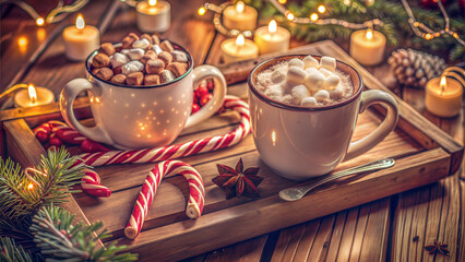 Fototapeta premium Festive Hot Chocolate Station with Marshmallows, Candy Canes, and Cozy Holiday Decor