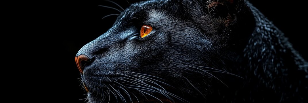 Close-up of a black panther's face with a bright yellow eye, set against a dark background.