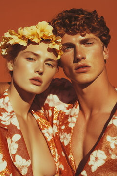 Fashion magazine concept. Portrait of handsome male and beautiful female models wearing designer clothing with floral print and looking at camera on terracota background. Studio shot
