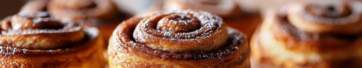 Freshly baked cinnamon rolls on a wooden table at a cozy bakery