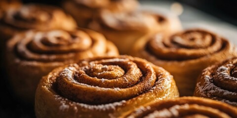 Fototapeta premium Freshly baked cinnamon rolls with powdered sugar on a plate