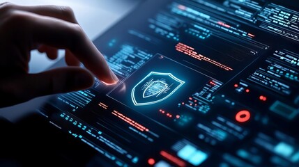 Cybersecurity interface, holographic threat detection, digital shield visualization