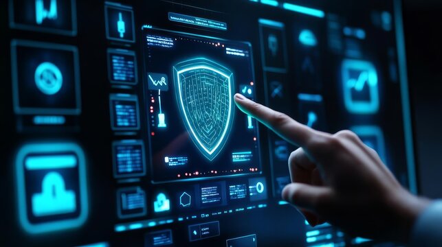 Cybersecurity interface, holographic threat detection, digital shield visualization