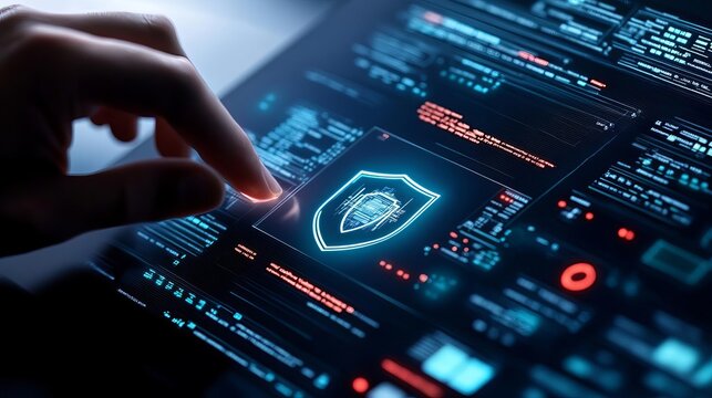 Cybersecurity interface, holographic threat detection, digital shield visualization