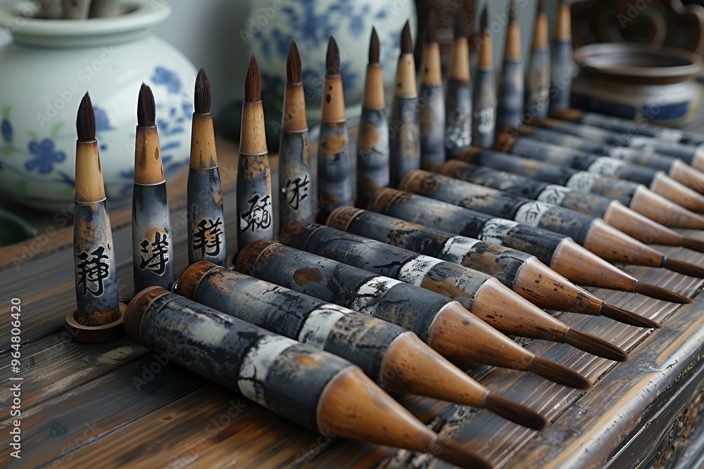 Poster a row of brushes on a table.