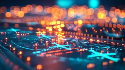 Fototapeta premium Digital aviation control, holographic flight paths, glowing air traffic