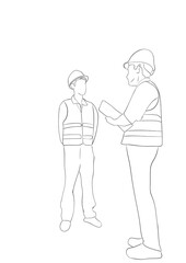 illustration d'un ouvrier et de son supérieur qui font le point, dessin ligne 