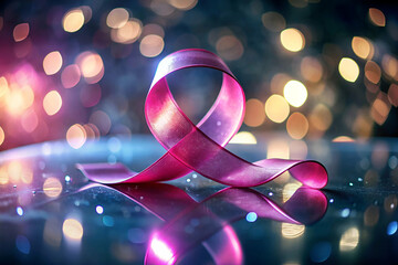 A ribbon with pink ribbon is on a table