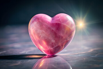 A heart made of glass sits on a table