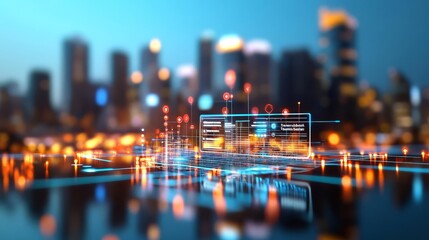 Holographic business card, augmented reality networking, virtual social connections, modern cityscape