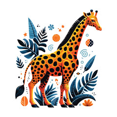 Colorful Giraffe Illustration with Tropical Leaves – Vibrant Wildlife Art