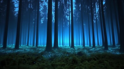 Fototapeta premium Mystical forest with fog and bioluminescent plants, glowing in the dark, nature's magic
