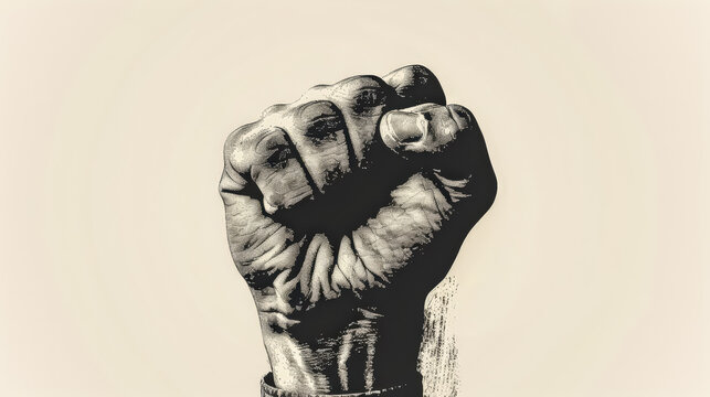 A close-up of a hand with a fist raised high against on dark background, symbolizing strength, unity, and resistance. The fist is clenched tightly, evoking a sense of empowerment.