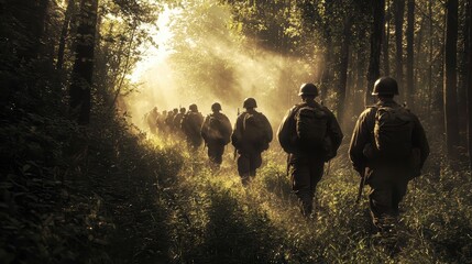 Soldiers in camouflage and tactical gear advance through the forest during the battle at dawn