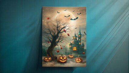 Halloween Painting of Haunted House with Pumpkins and Full Moon, Shadowy Blue Background