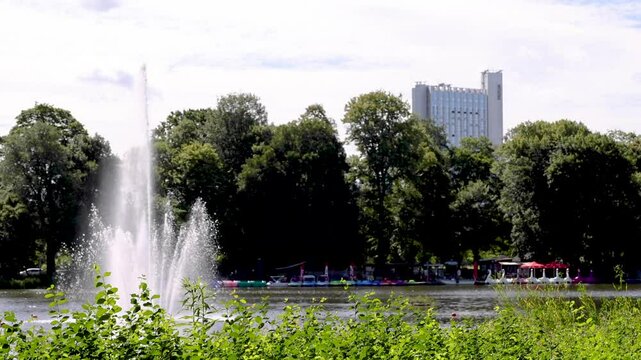 The fountain in the Schlossteich public park in Chemnitz, Germany.
