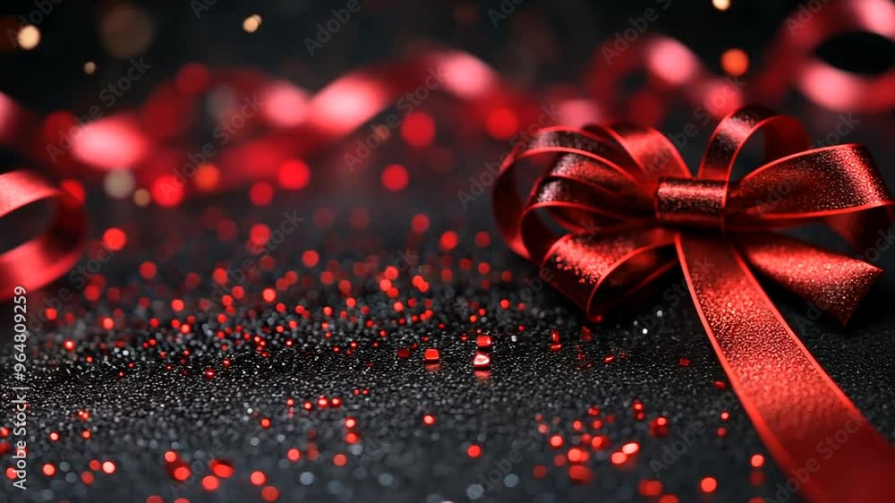 Poster bright red ribbon adorned with sparkling decorations on a dark surface generative ai