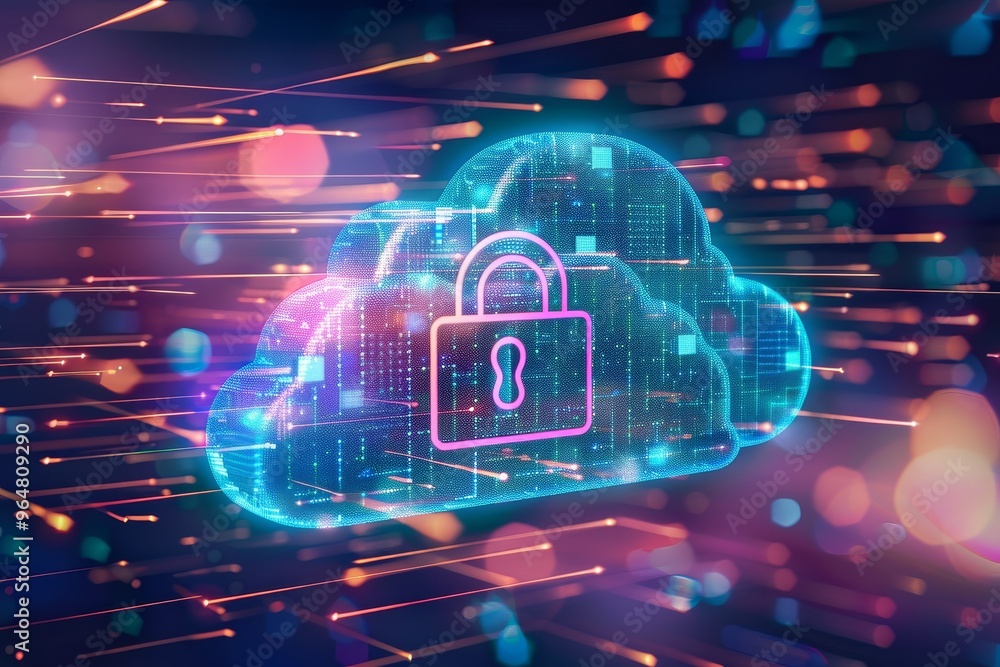 Poster a cloud graphic with a padlock at its center represents data security, with a colorful digital backd