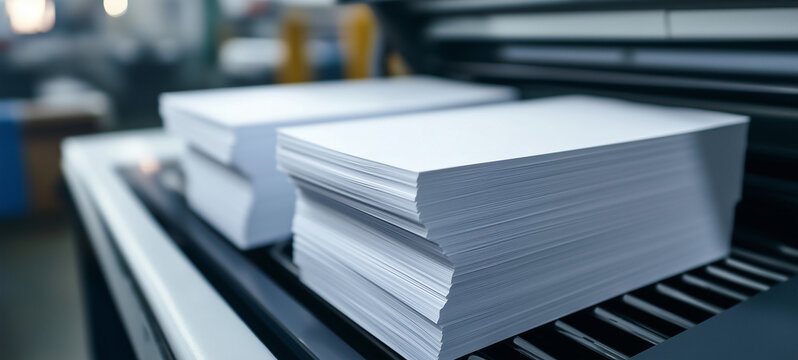 Close-up of a stack of white paper on a printer in a printing process factory