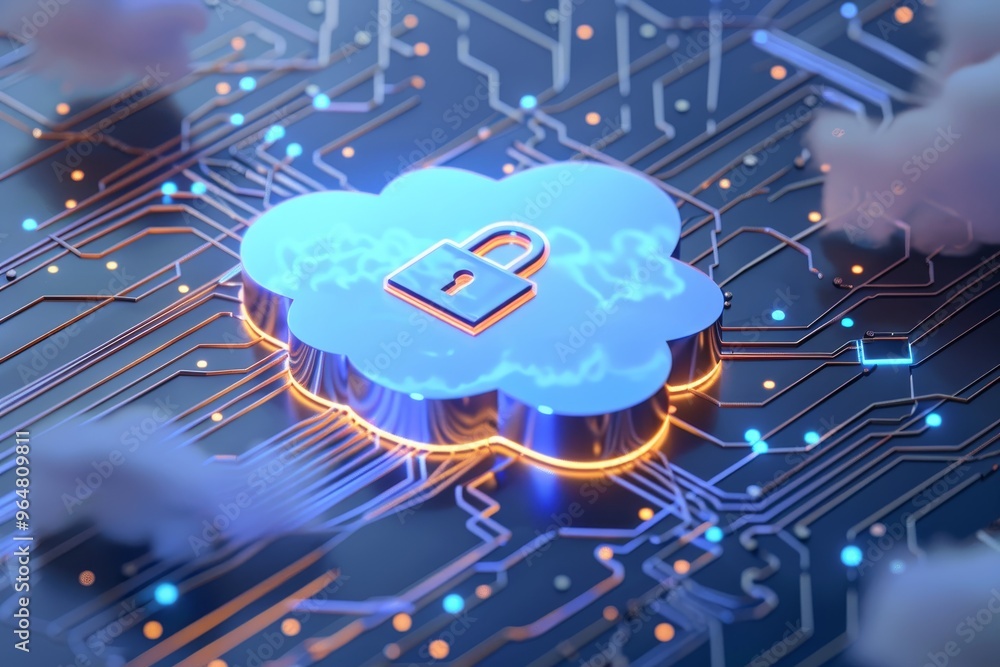 Poster a cloud symbol adorned with a lock sits at the center of a digital circuit design, highlighting the 