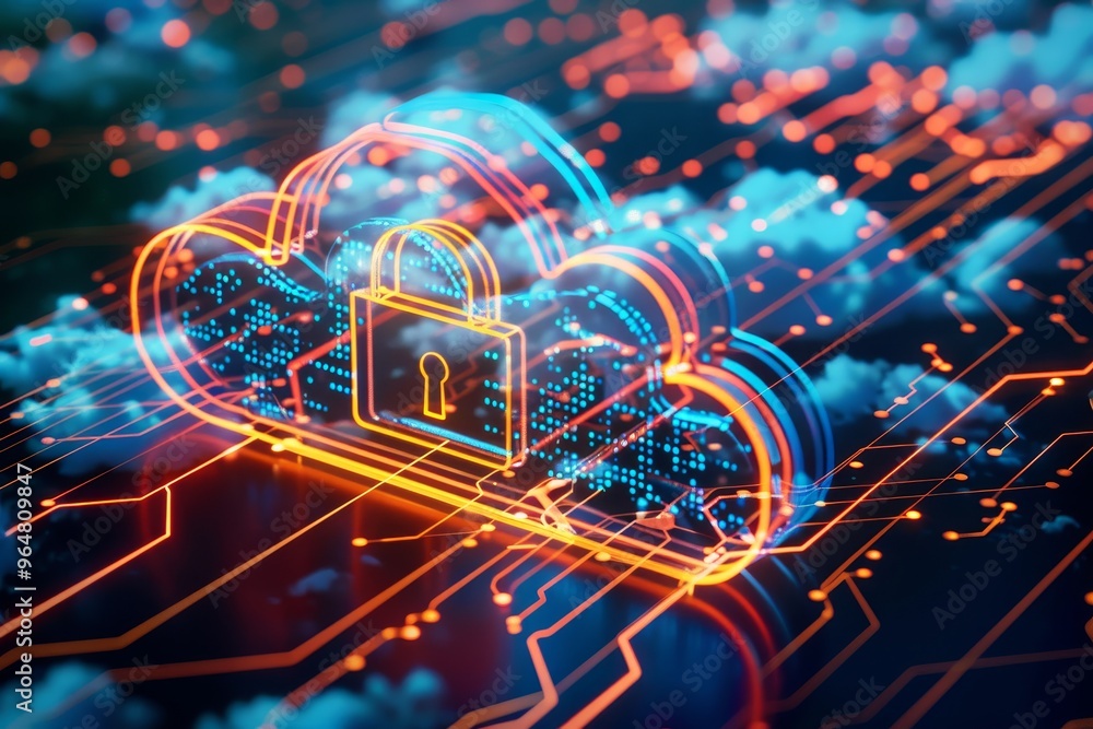 Poster a visual representation of cloud storage security shows a lock icon positioned within a colorful clo