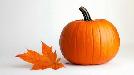 A high-resolution image of a pumpkin with an autumn leaf gently resting next to it.