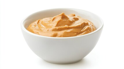 A white bowl filled with a creamy, orange sauce