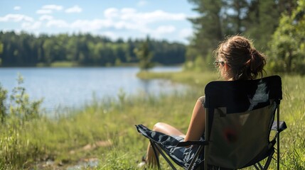 A woman is sitting in a lawn chair by a lake