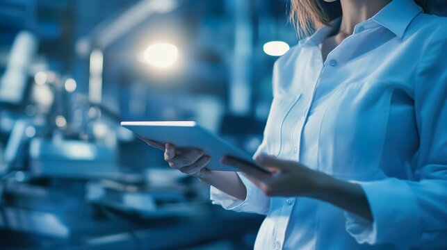 A woman is holding a tablet in a lab setting