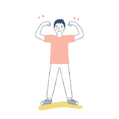 笑顔でマッスルポーズをしている男性