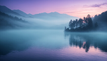 Fototapeta premium Misty Morning Lake with Forest and Mountain Reflection at Sunrise