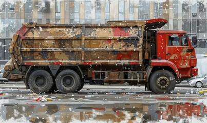 A vibrant red garbage truck parked on a snowy urban street amidst scattered debris and a backdrop of contemporary buildings in winter