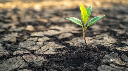 A small green plant is growing in the dirt